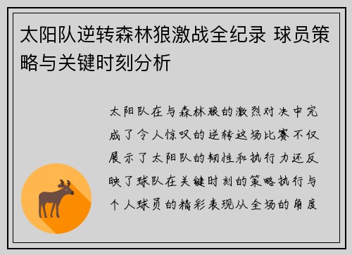 太阳队逆转森林狼激战全纪录 球员策略与关键时刻分析